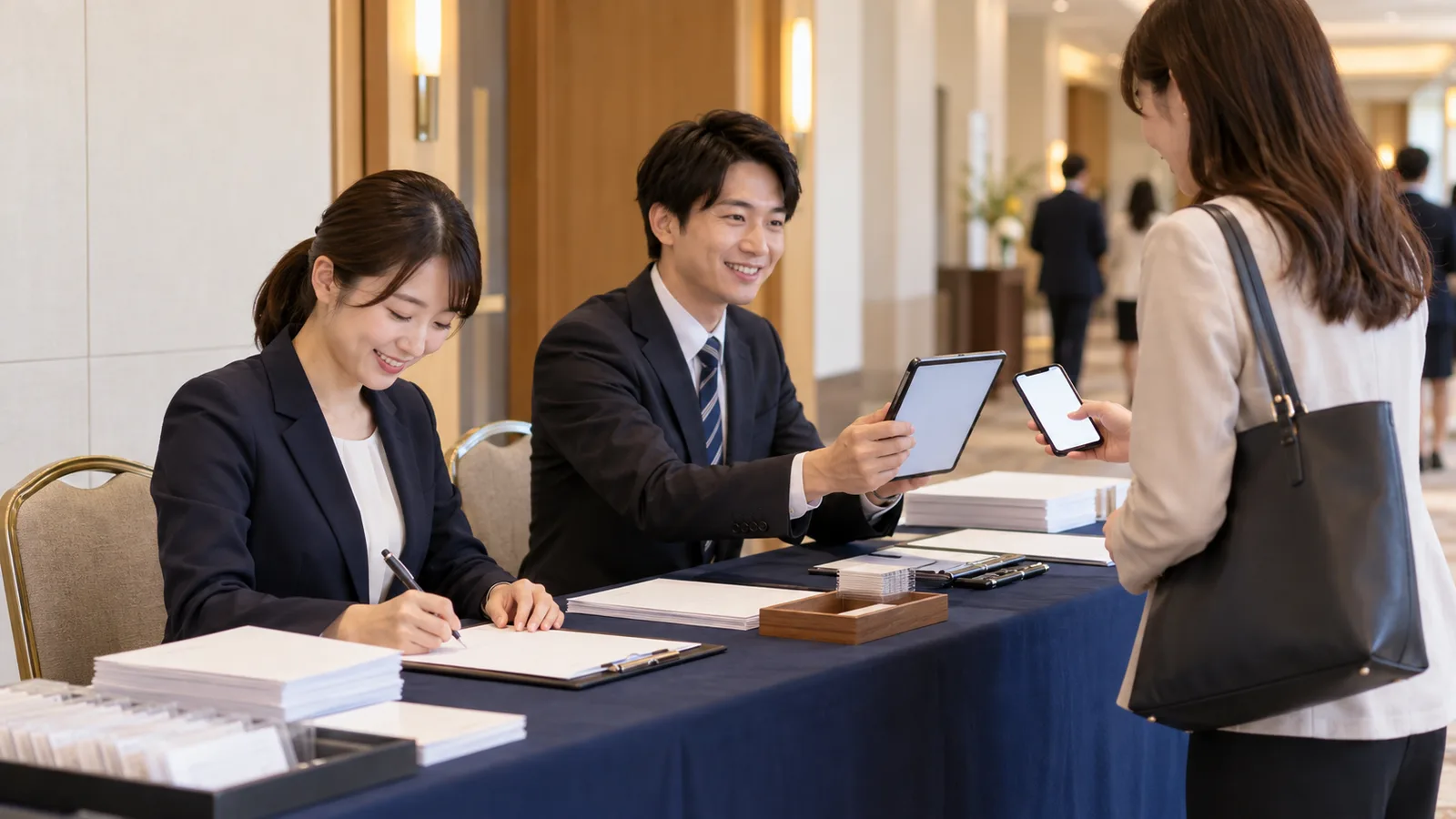 セミナー会場の前の廊下に置いた受付の長机で、受付の女性が紙の名簿に印を付け、もう1人がタブレットで来場者のスマートフォンの画面を読み取っている様子を、机の横から目の高さで写した写真