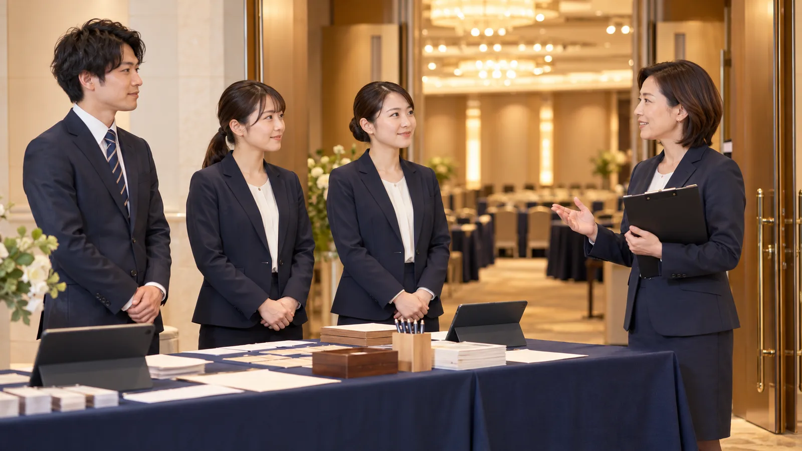 開場前のイベント会場の入口で、紺のジャケットの受付スタッフ3人が、受付の長机の前に並んで立ち、責任者の女性がクリップボードを見ながら流れを確かめている様子を、少し離れた正面から写した写真