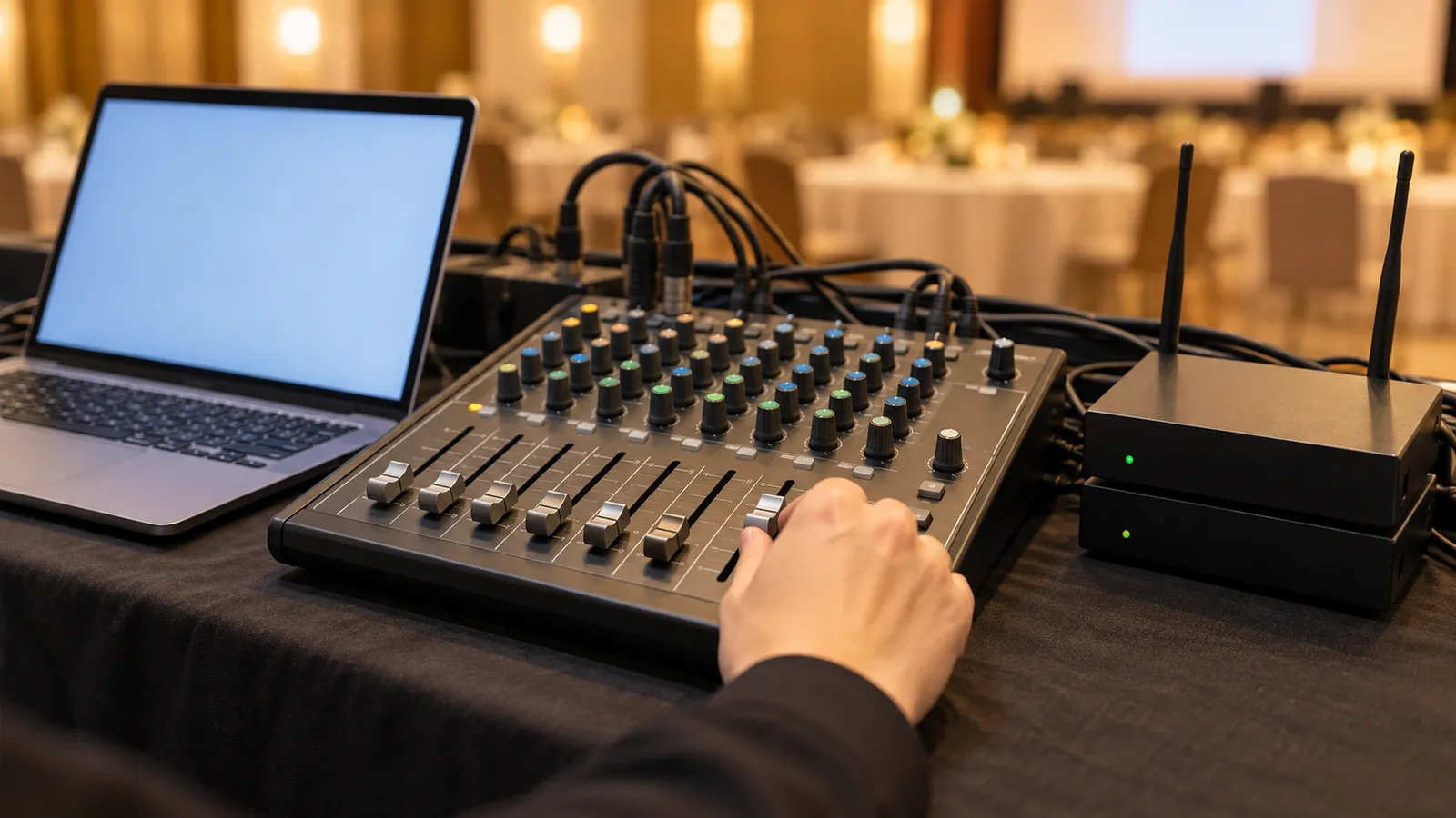 宴会場の後ろに置かれた音響の卓で、操作する人がミキサーのつまみに手を添えている手元を、斜め上から近くで写した写真。卓の上にはノートパソコンとワイヤレスマイクの受信機が並んでいる