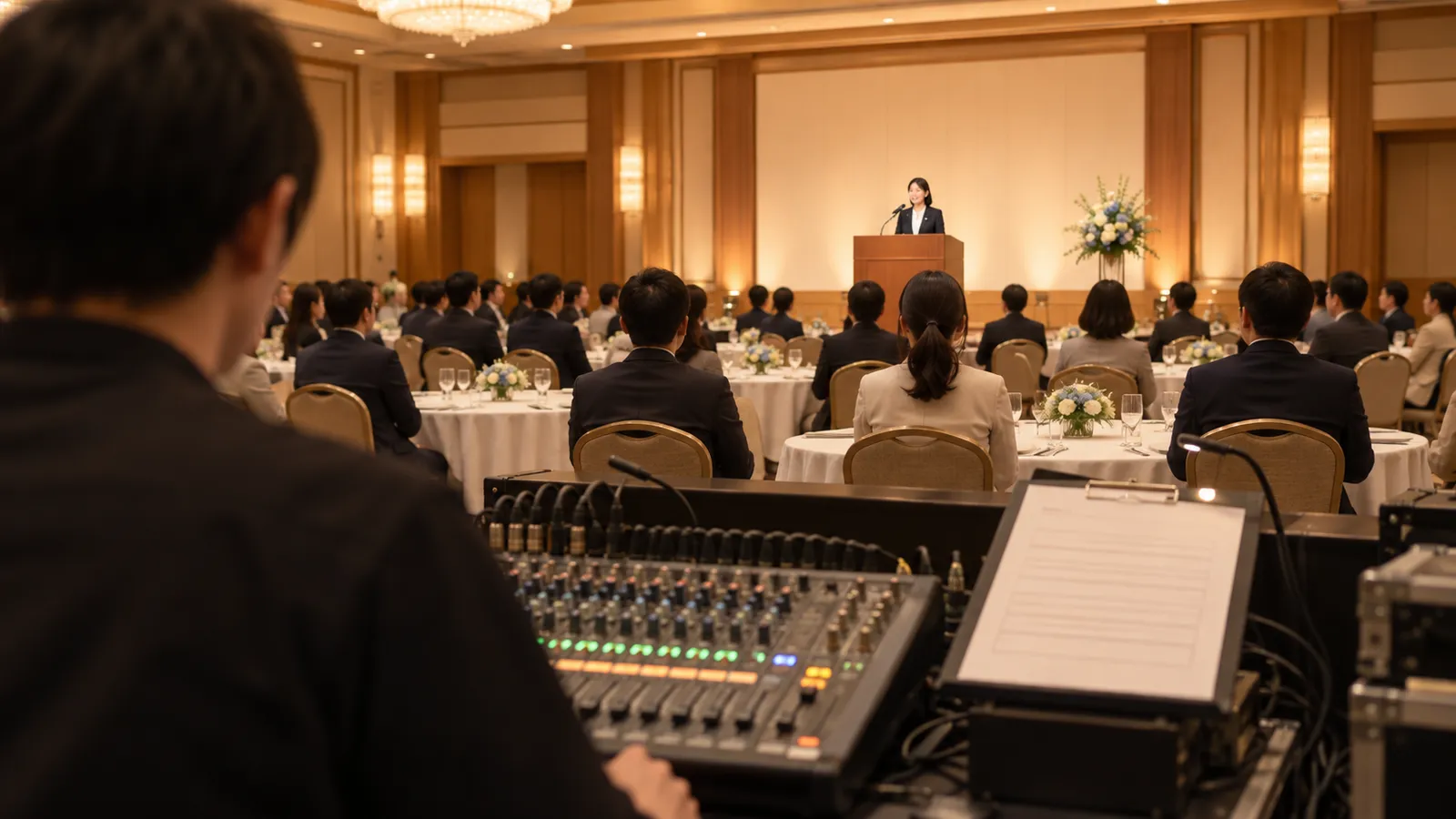 ホテルの宴会場の後ろの音響の卓から、操作する人の肩越しに、遠くの演台で話す登壇者と、円卓に座る参加者を写した写真。卓の上には進行表が置かれている