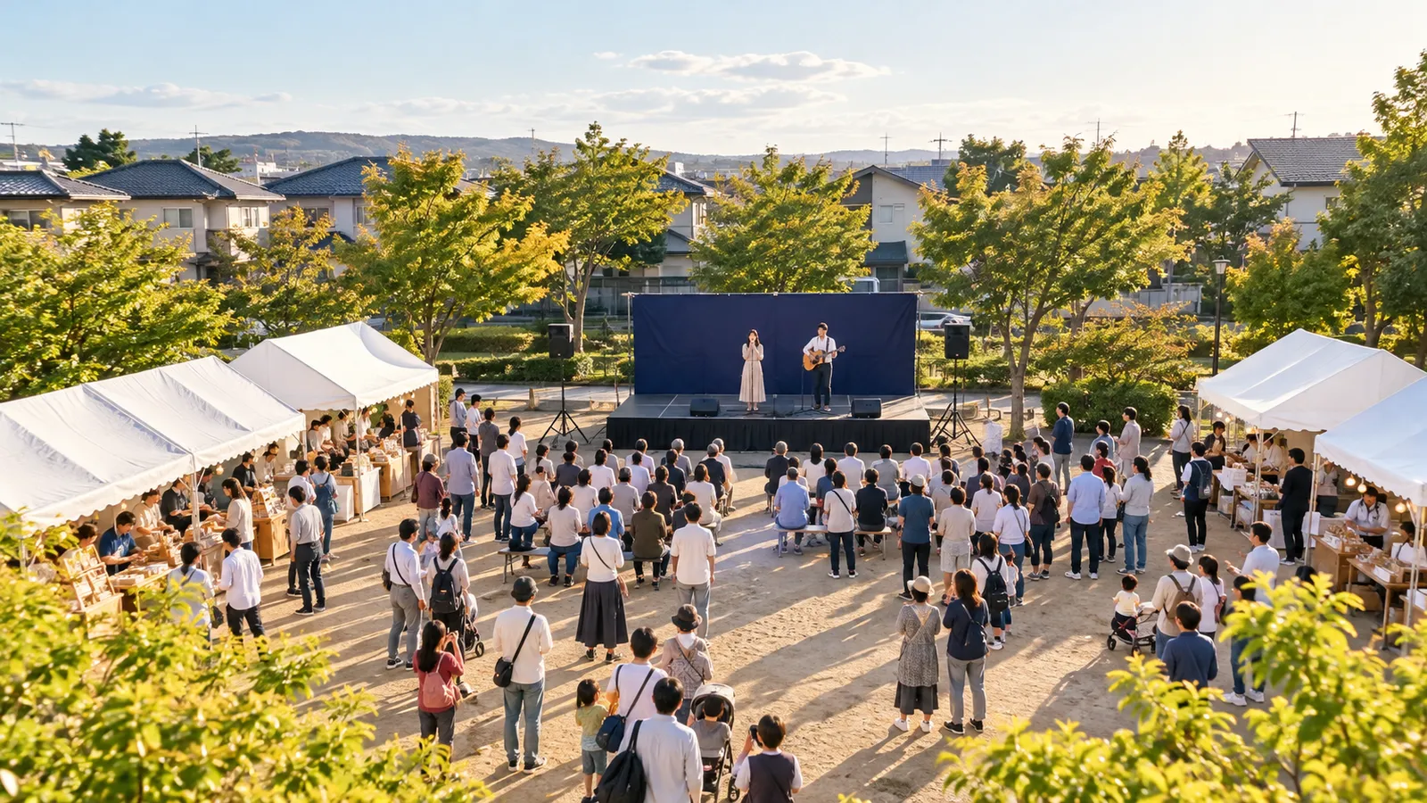 住宅地に近い公園の広場で開かれている地域の祭りを、建物の2階ほどの高さから見下ろした写真。奥に仮設のステージがあり、スピーカーは住宅とは反対の、広場の中央に向けて置かれ、手前に来場者が集まっている