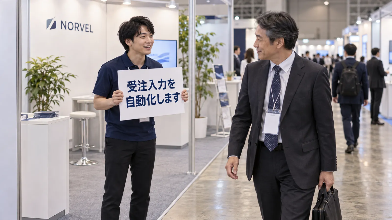 展示会場の通路側に立つ1小間のブースで、紺のポロシャツのスタッフが「受注入力を自動化します」と書かれた手持ちの看板を胸の高さに掲げ、通りかかったスーツの来場者と目を合わせて話しかけている様子