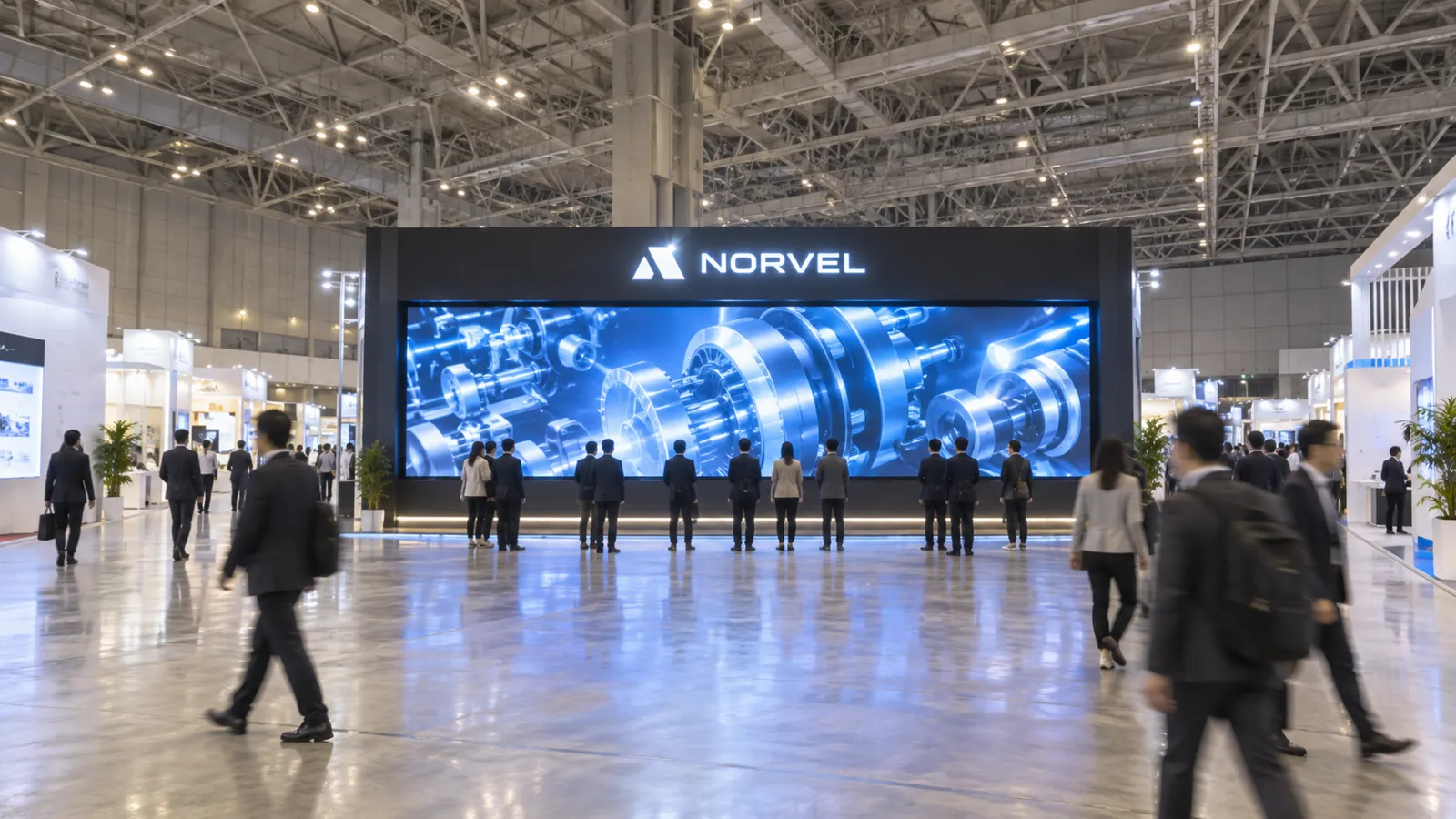 展示会場の広い通路の端から、間口いっぱいに大型のLEDビジョンを組み込んだ展示会ブースを遠くに望む写真。画面には青い光の製品映像が映り、その前に来場者が10人ほど足を止めている。手前の通路を来場者が行き交っている