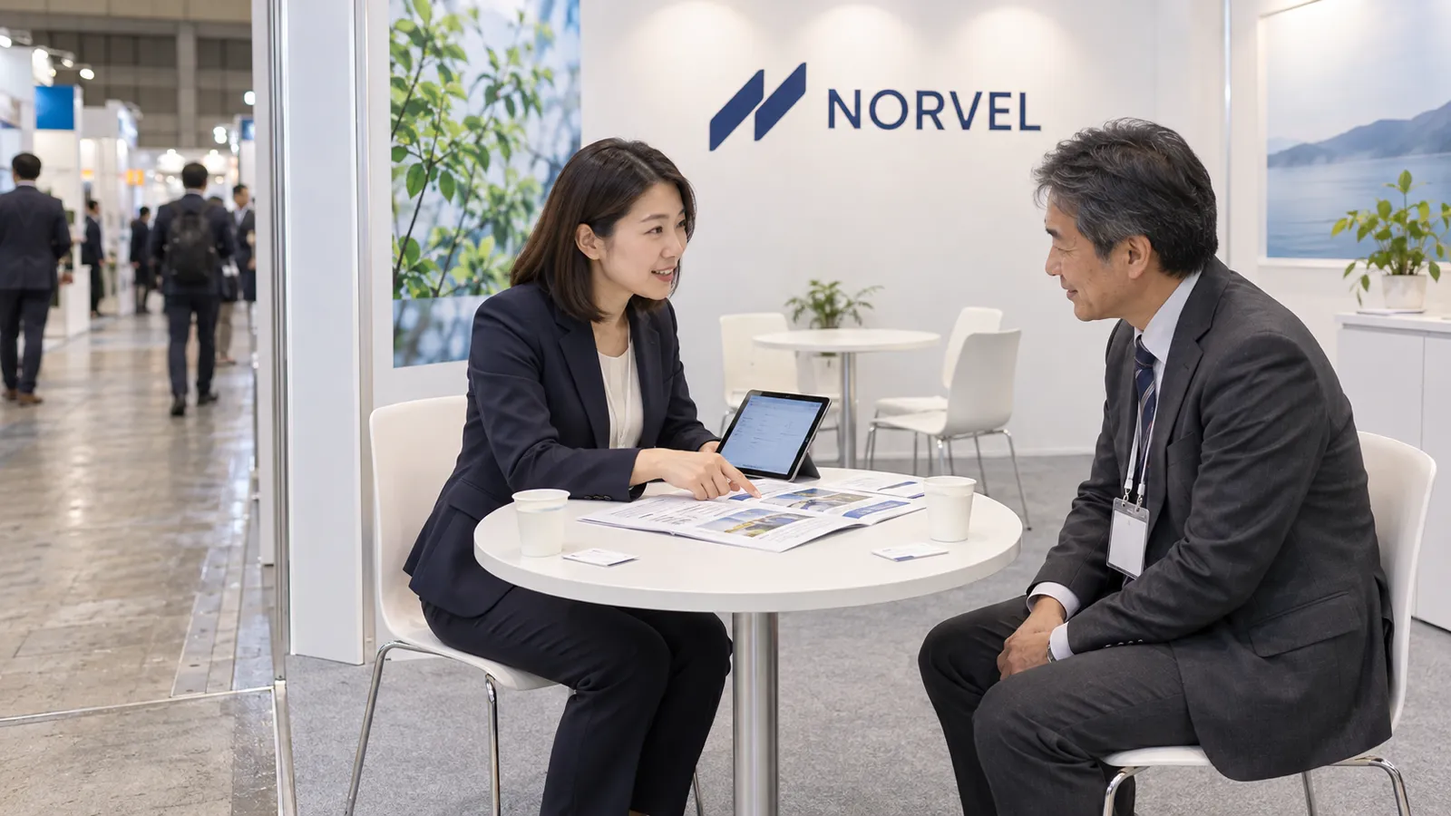 展示会ブースの通路側に置いた小さな商談テーブルで、スタッフの女性と来場者の男性が向かい合って座り、資料を見ながら話している。スタッフの手元のタブレットには記入の画面が開いている。ブースの外の通路からテーブルが見える位置関係で写した写真