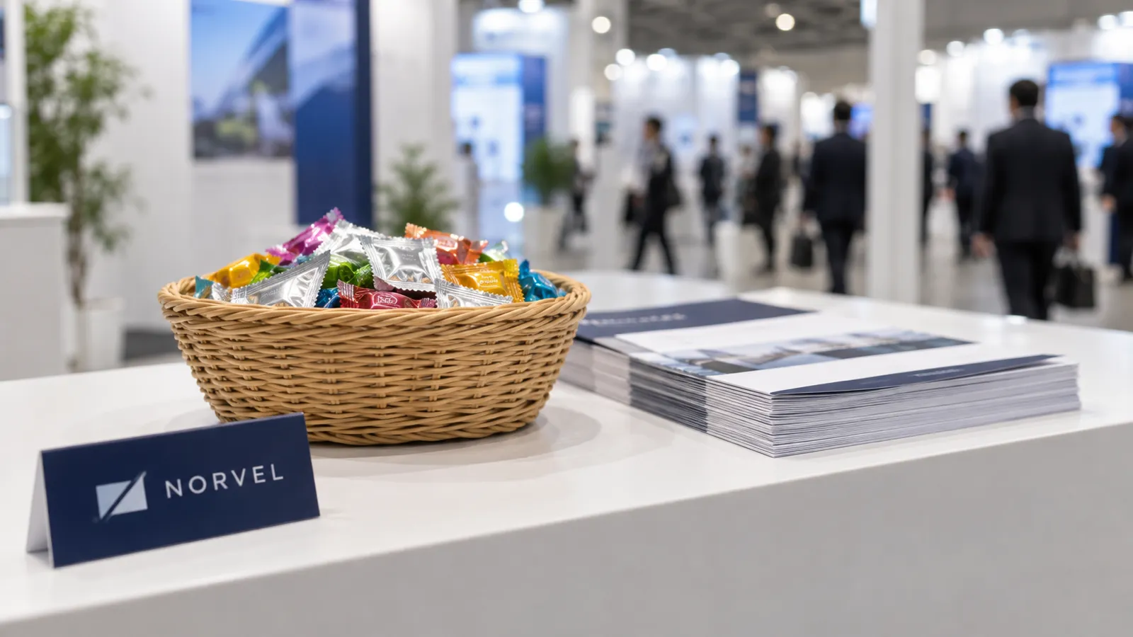 展示会ブースの受付台の上に、個包装のお菓子を山盛りにしたかごと、積み上げたままのチラシが置かれている様子を、台の高さから写した写真。奥の通路を来場者が足早に通り過ぎ、ぼけて写っている