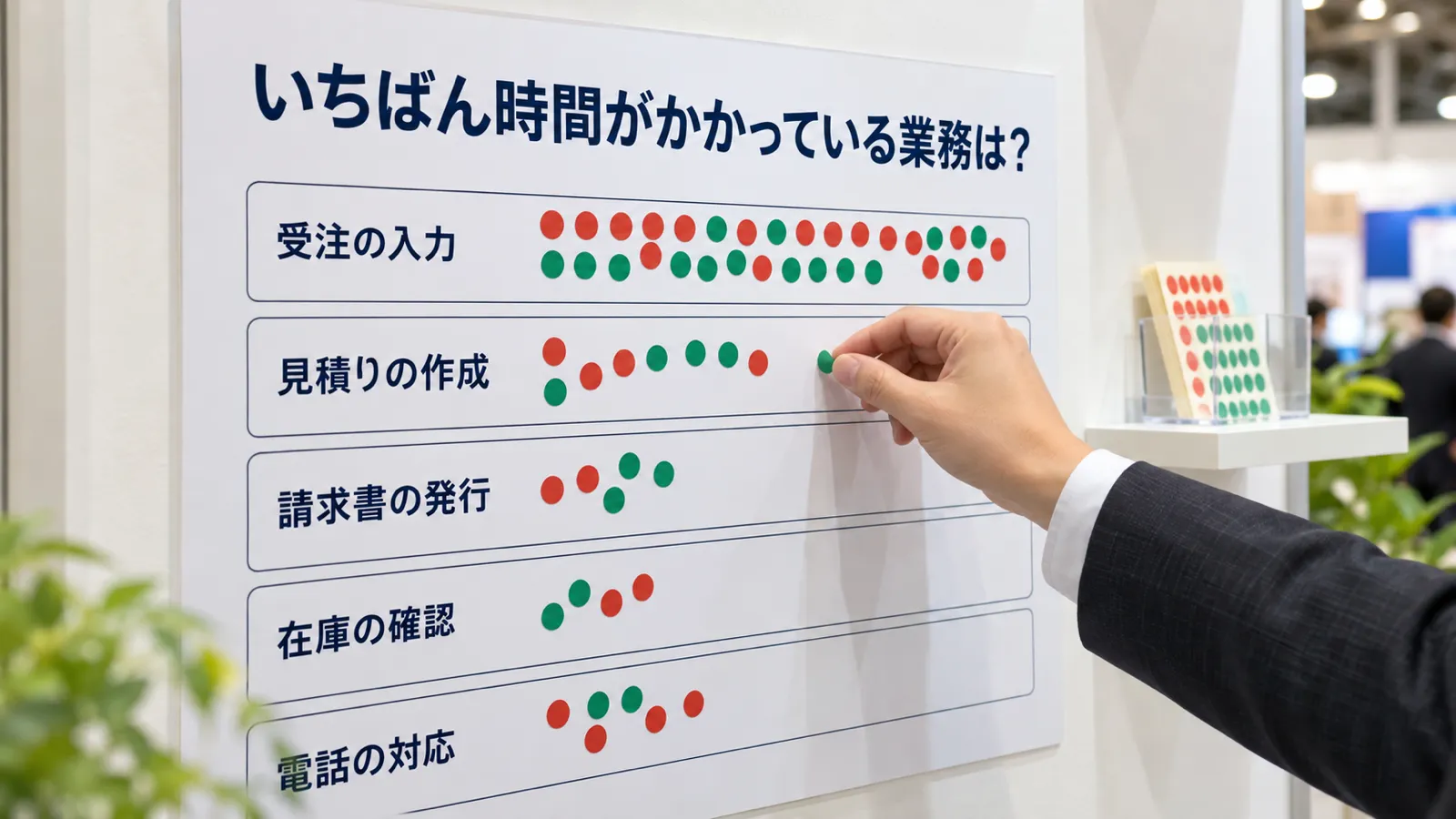 展示会ブースの白い壁に貼られたシール投票のボードを、近づいて写した写真。「いちばん時間がかかっている業務は？」という見出しの下に5つの項目が並び、来場者の手が緑の丸シールを1枚貼ろうとしている。すでに赤と緑のシールがいくつも貼られている