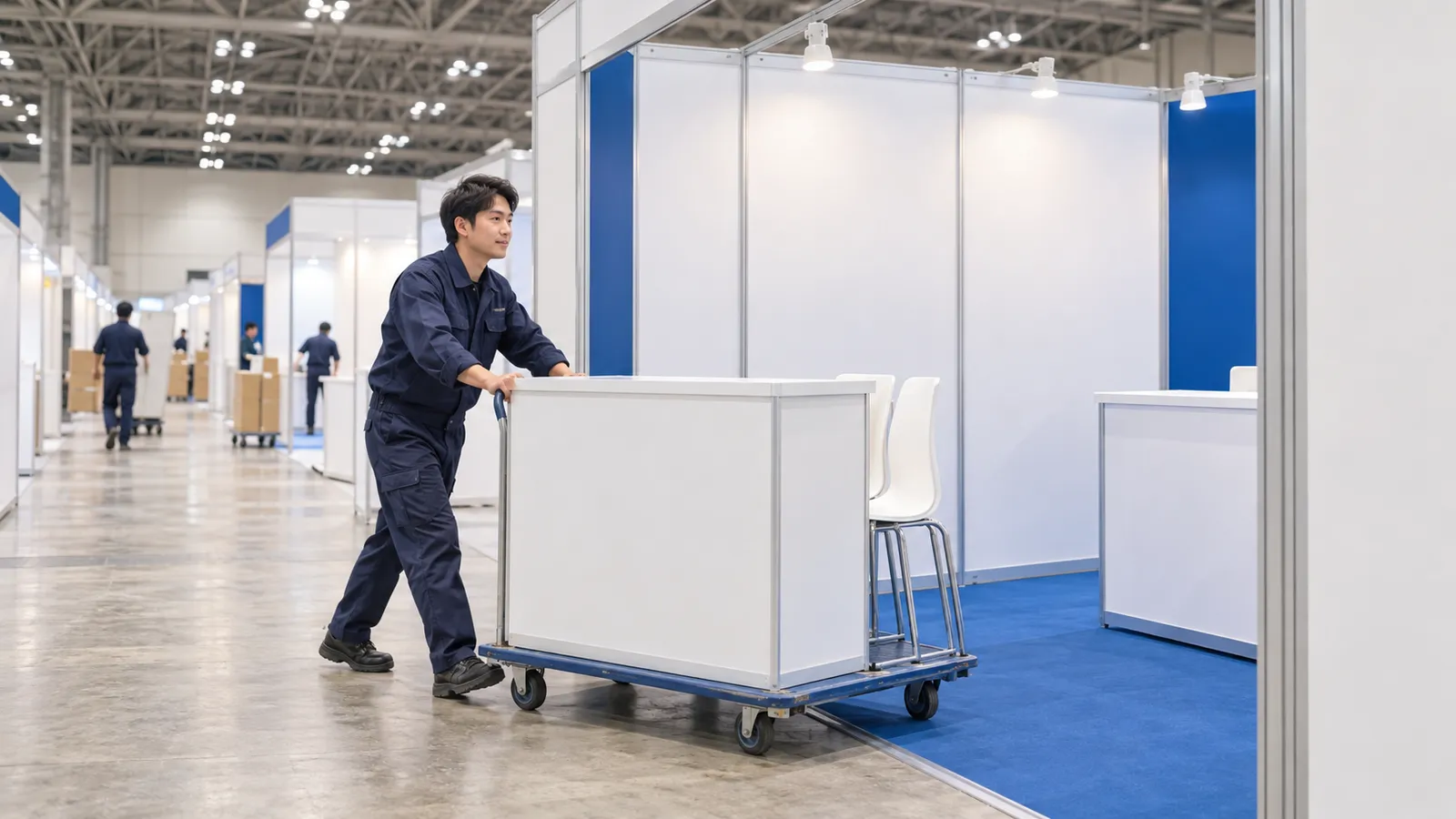 展示会場の通路で、紺の無地の作業着の作業員が、台車に載せた白いカウンターテーブルを、白い壁のブースの中へ運び入れている様子を、通路の横から写した写真