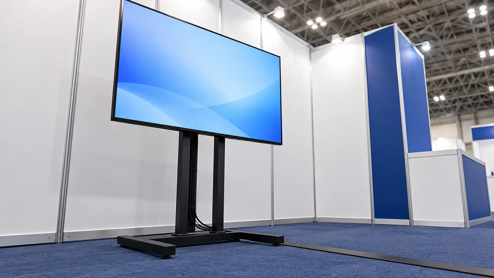 展示会のブースの白い壁の前で、黒いスタンドに立てた50インチほどの液晶モニターに、無地の青い画面が映り、スタンドの脚元から電源のコードとHDMIのケーブルが床のカバーの下へ伸びている様子を、斜め前の低い位置から写した写真。人物は写っていない