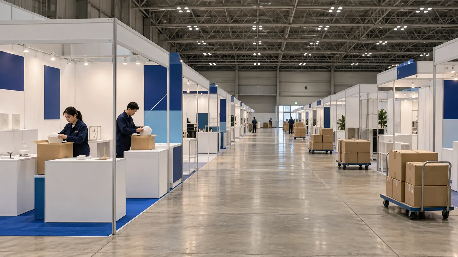 展示会の最終日の閉場後、照明の少し落ちたホールの通路に、段ボール箱を積んだ台車が何台か並び、ブースの中で紺の無地の作業着の人が展示台の製品を箱に詰めている様子を、通路の奥から広く写した写真