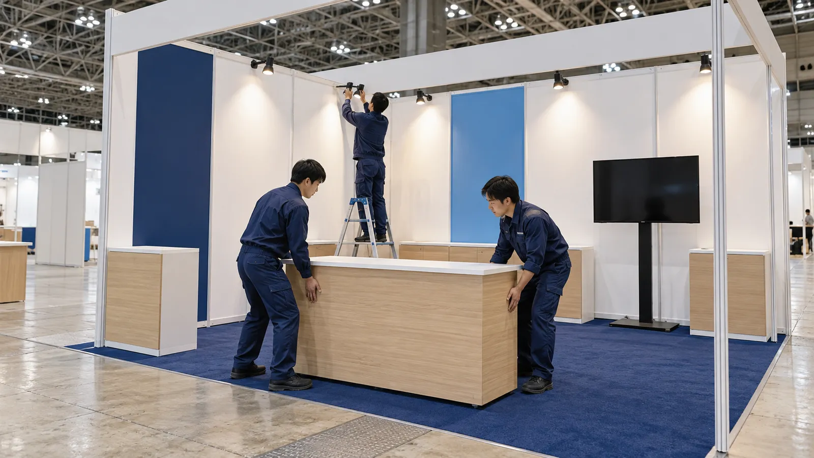 展示会の設営の日に、紺の無地の作業着の作業員2人が、白い壁のブースに木の展示台を据え、もう1人が脚立に乗って壁の上のスポットライトの向きを合わせている様子を、ブースの斜め前から写した写真