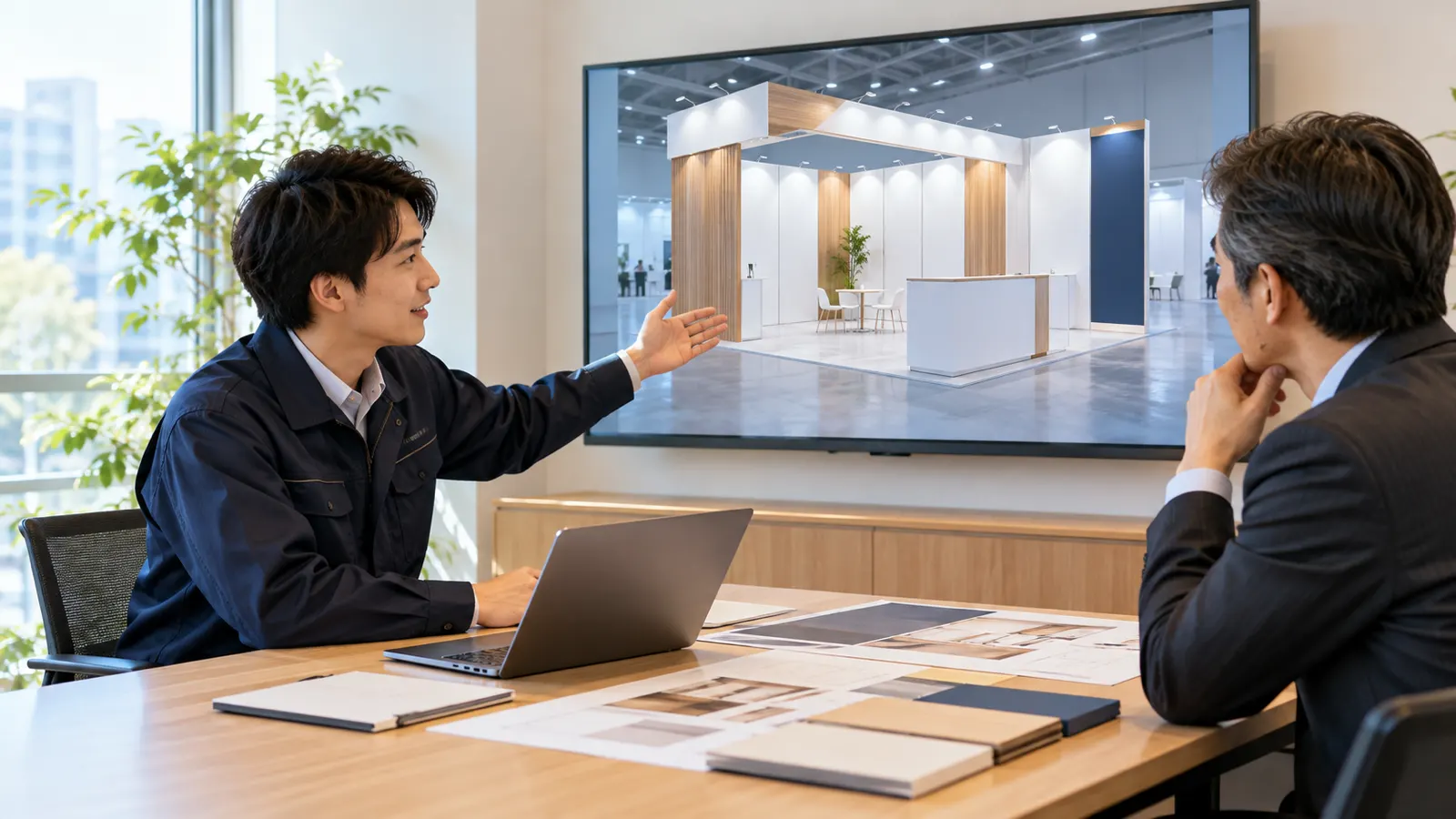 会議室で、モニターに映した展示会ブースの完成予想図を見ながら、作業着の担当者とスーツ姿の出展企業の担当者が向かい合って打ち合わせをしている様子を、横から写した写真。モニターの画像に文字やロゴは写っていない