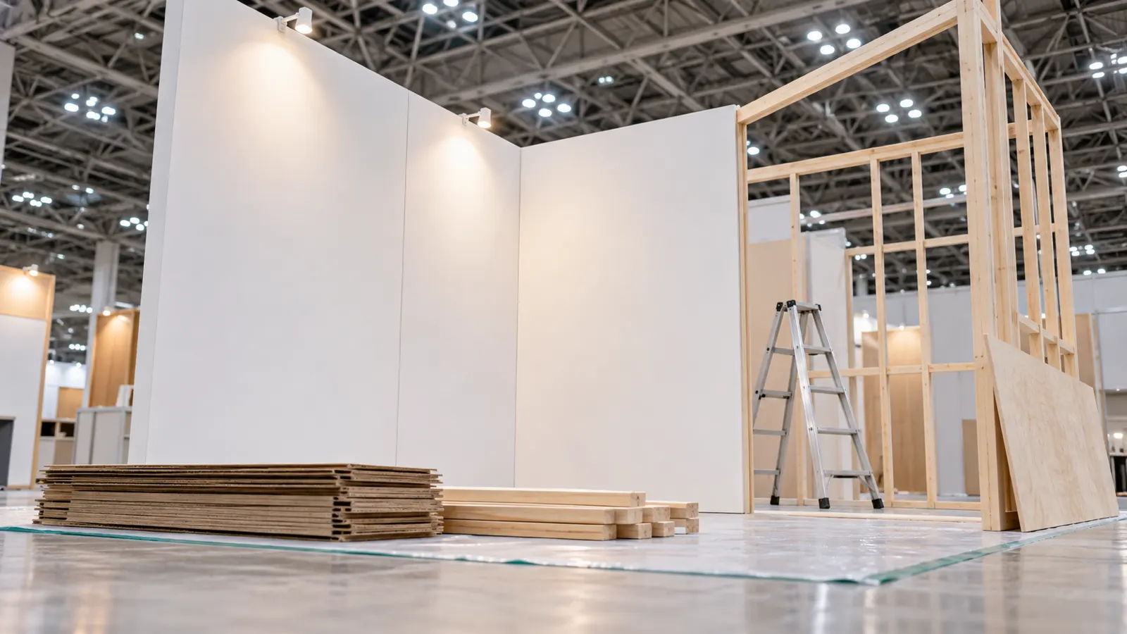 展示会場で、木工のブースの壁を組み立てている途中の様子を、床に近い低い位置から見上げるように写した写真。白い壁のパネルと骨組み、脚立が見え、人物は写っていない