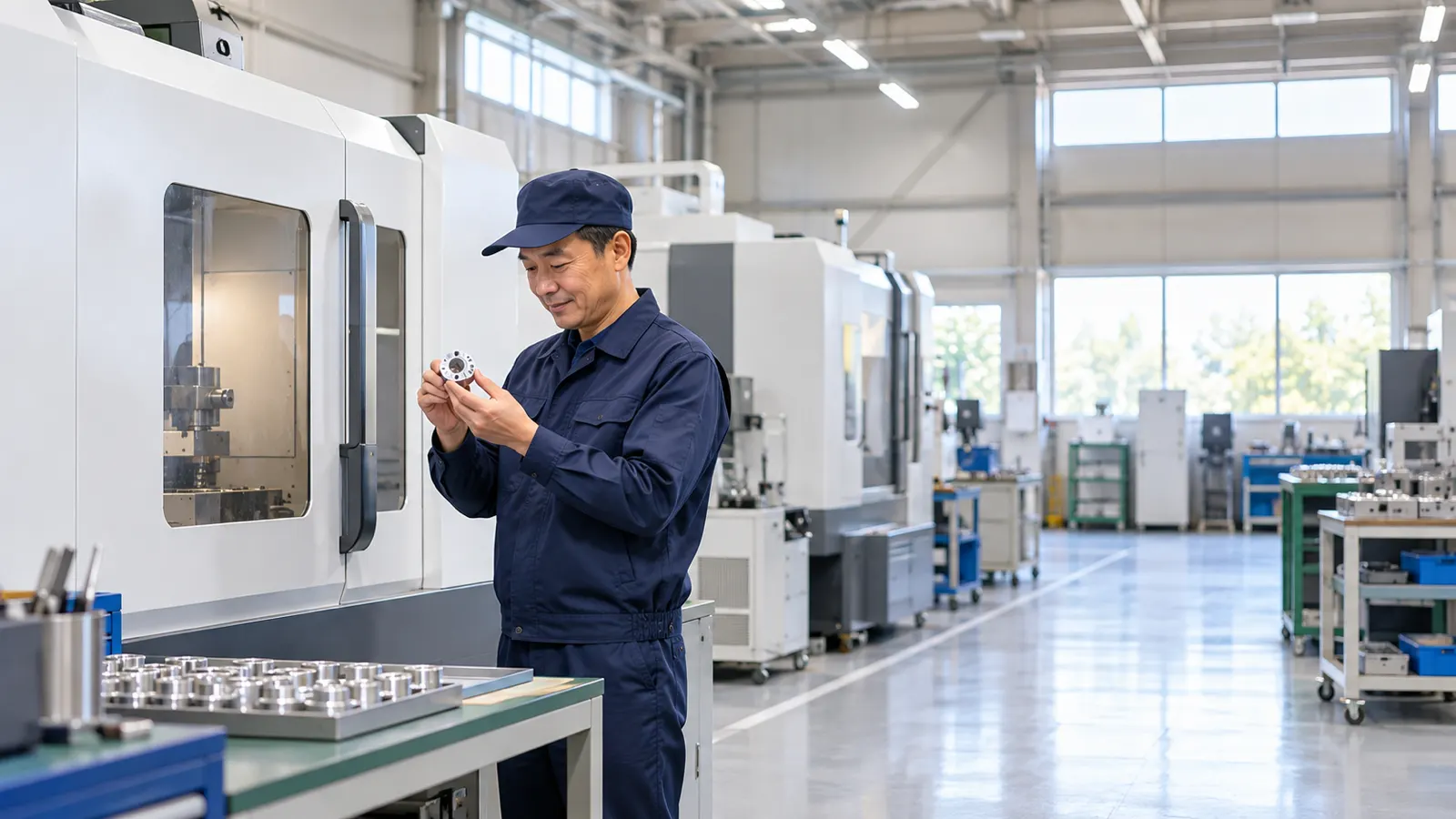 工場の中で、新しく入れた加工機の横に立つ作業着の担当者が、加工したばかりの金属の部品を手に取って確かめている様子を、少し離れた位置から写した写真。機械に文字やロゴは描かれていない