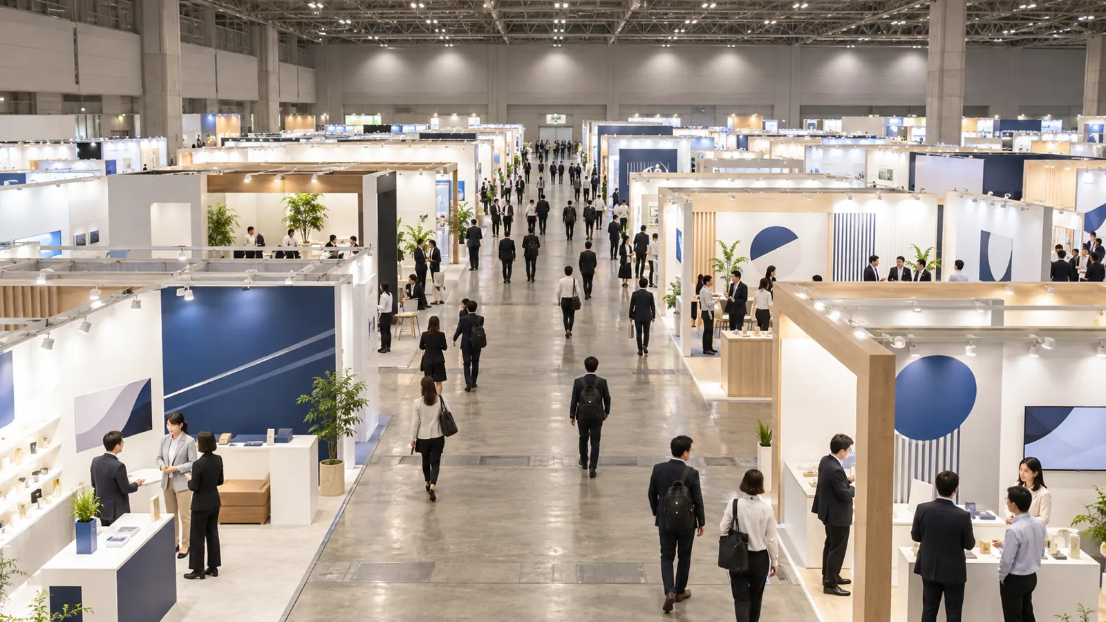 展示会場の通路の少し高い位置から、左右に企業のブースが並び、来場者が行き来している会場の様子を広く写した写真