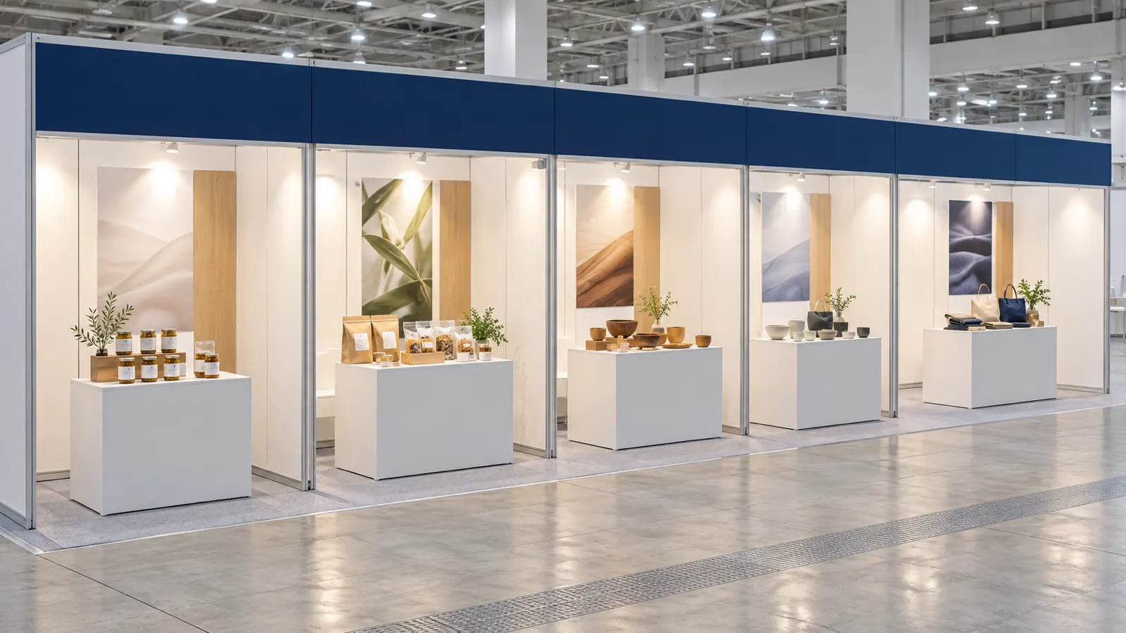 展示会場の一角に、同じ白い壁と同じ形の小さなブースが横一列に並び、それぞれに商品が並んでいる様子を、通路の斜め上から写した写真。社名やロゴは写っていない