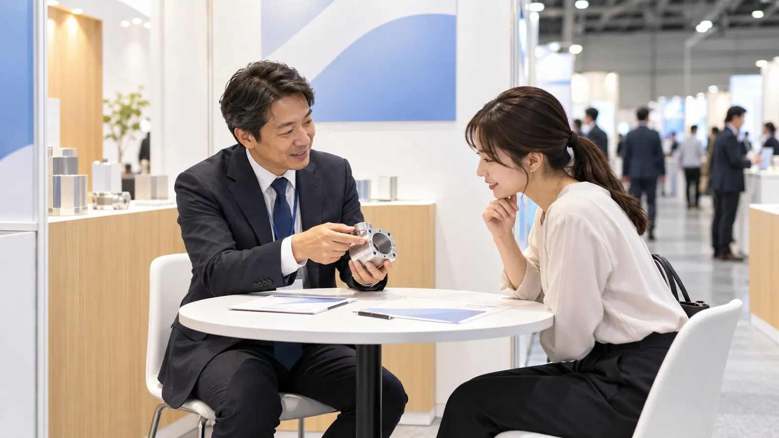 展示会のブースの商談用の小さなテーブルで、スーツ姿の出展者が来場者に商品のサンプルを見せながら話している様子を、ブースの外の通路から写した写真。2人とも自然な表情で、身体は触れ合っていない