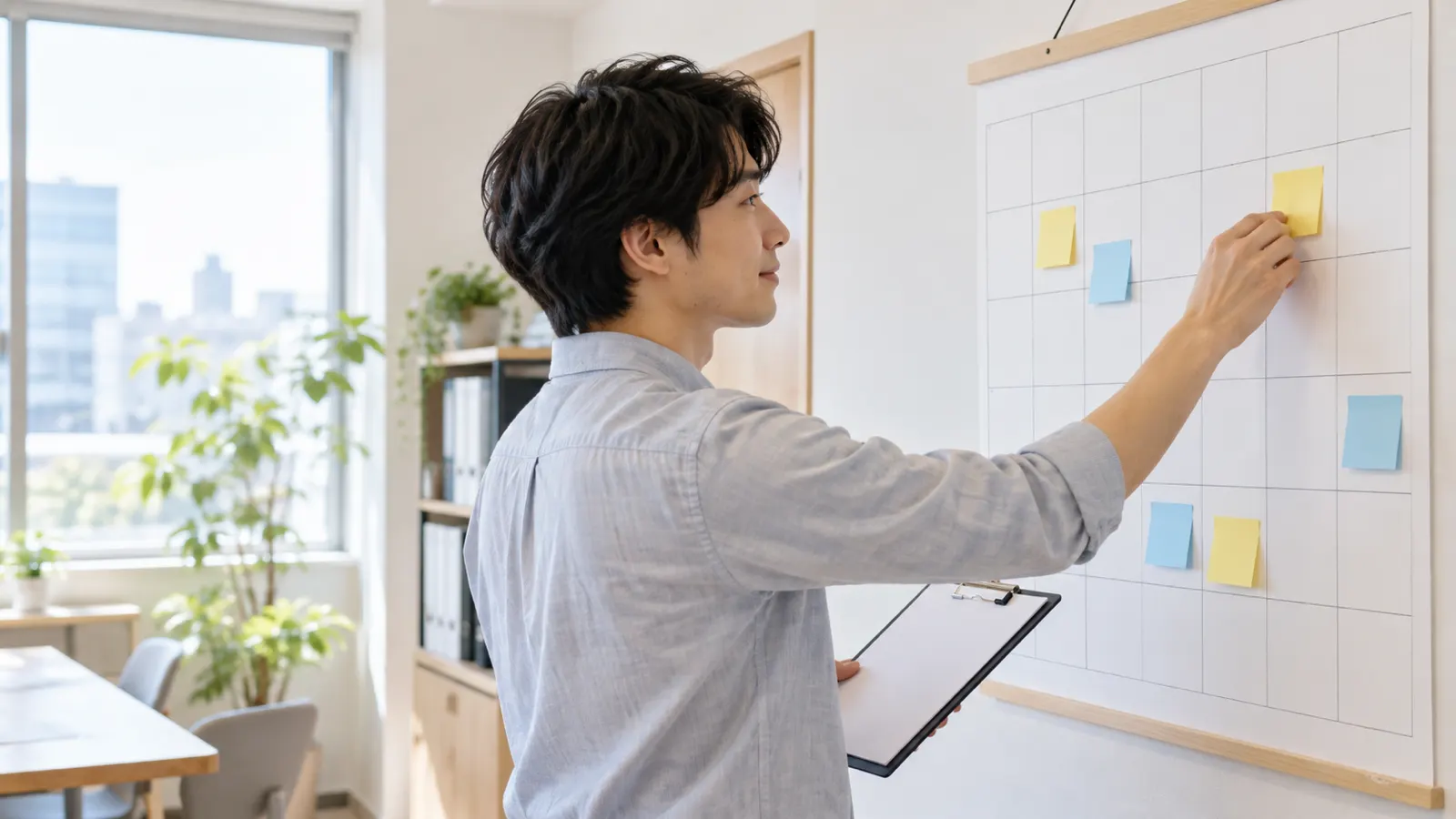 事務所の壁に掛けた大きな月めくりの白いカレンダーの前で、社員が付せんを貼りながら日程を確かめている様子を、斜め後ろから写した写真。カレンダーにも付せんにも文字は書かれていない