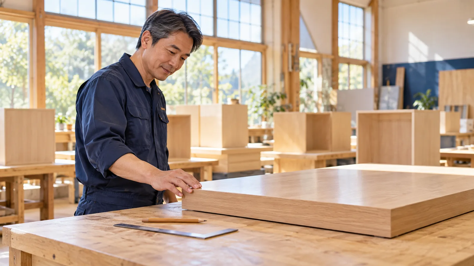 明るく整った木工の工房で、職人が作業台の上の陳列台の天板の角を、手で触れて仕上がりを確かめている様子を横から写した写真