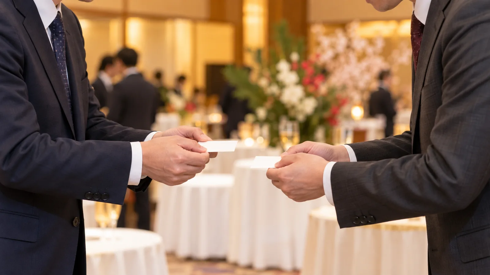 ホテルの宴会場で、スーツ姿の男性2人が向かい合い、両手で名刺を差し出してあいさつを交わしている手元を、横から近くで写した写真