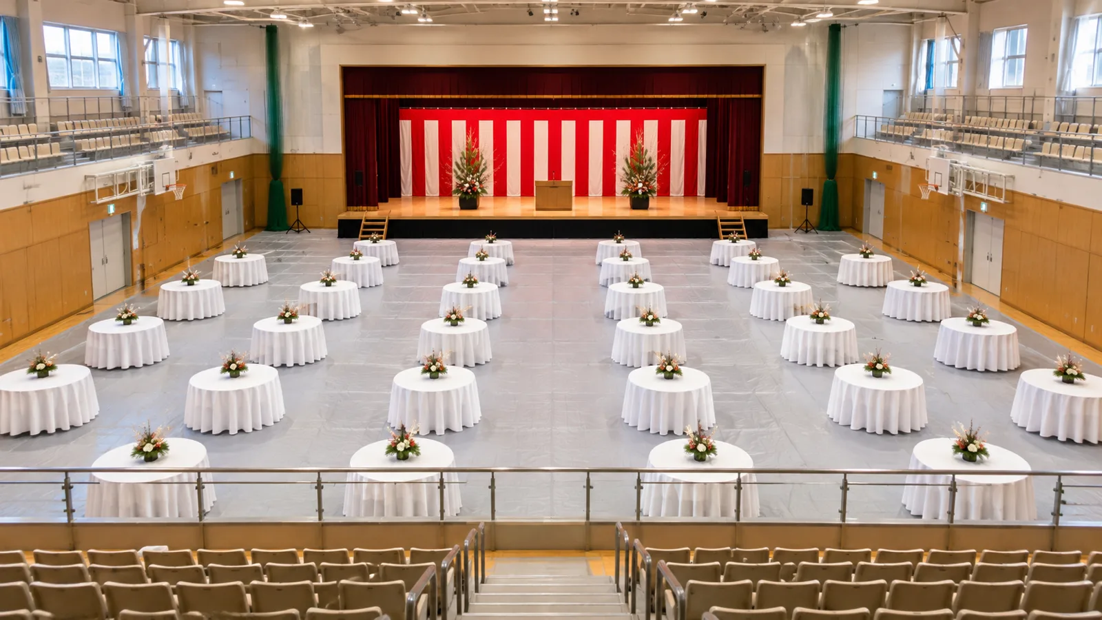 区立の体育館に設けた賀詞交歓会の会場で、奥のステージに紅白幕と演台が置かれ、手前の床に白い布を掛けた立食用の丸テーブルが並んでいる様子を、2階の観覧席から広く写した写真。人はまだ入っていない