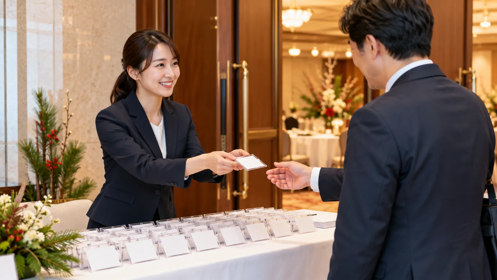 ホテルの宴会場の入口に設けた受付で、白い布を掛けた長机に五十音順に並べた名札が置かれ、受付の担当者が来場者に名札を手渡している様子を、横から写した写真