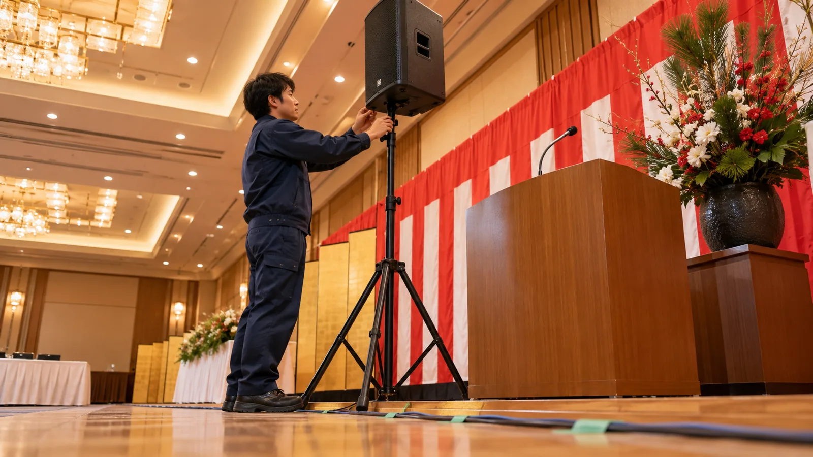 賀詞交歓会の会場の前方で、作業員が演台の横にスピーカースタンドを立て、奥にはステージの紅白幕と「新春」の雰囲気の装花が見える様子を、低い位置から見上げるように写した写真
