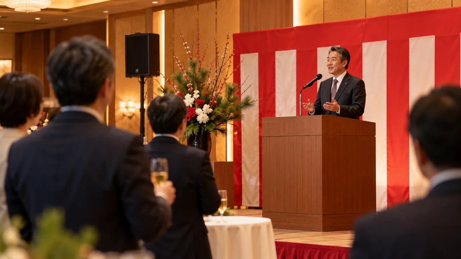 ホテルの宴会場の前方で、演台に立つスーツ姿の男性が年頭の挨拶をしている様子を、立ったまま聞いている参加者の後ろ姿越しに、会場の横から写した写真