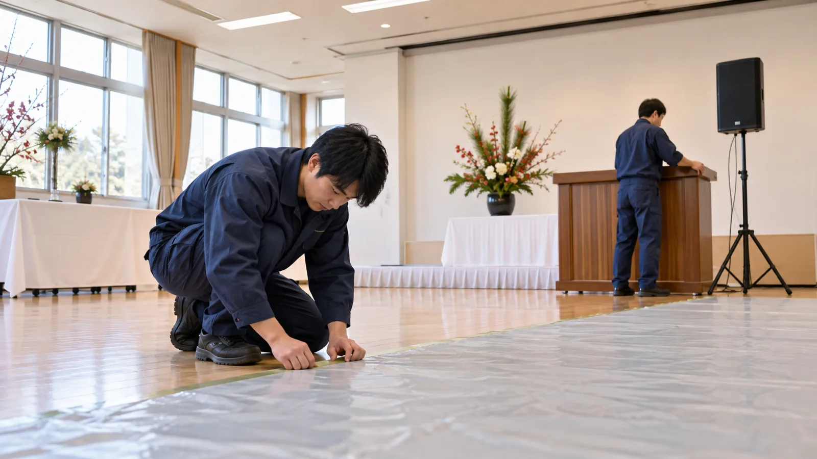 公民館の多目的ホールで、作業着の作業員2名が、前方に演台とスピーカーを置き、床に養生のシートを敷いている様子を、床に近い低い位置から写した写真