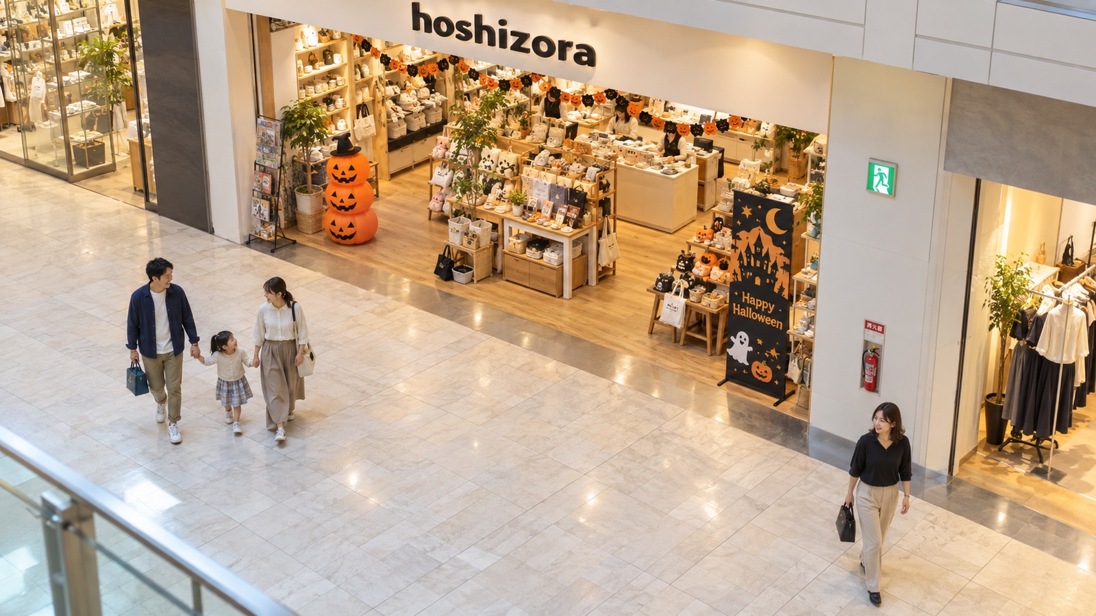 ショッピングセンターの通路を見下ろした様子。ハロウィンの飾りは店舗の区画の内側に収まり、通路は空いていて、消火器と非常口の表示も隠れていない