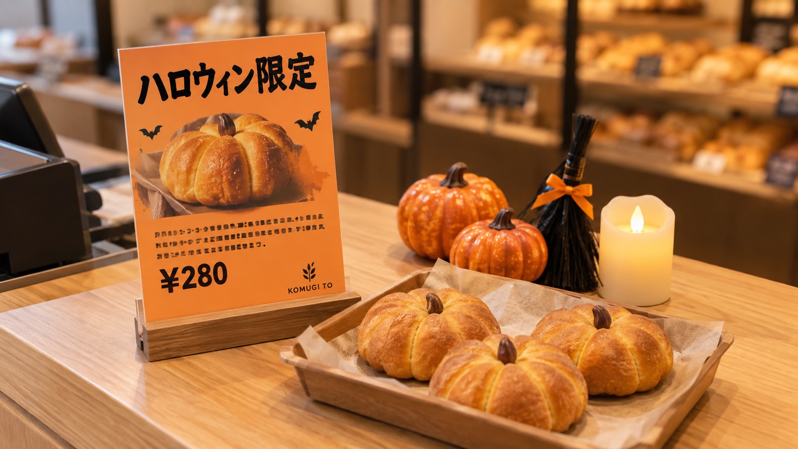 レジ横の一角だけにまとめた、かぼちゃの置物とほうきの飾り、LEDキャンドル、ハロウィン限定商品のPOP