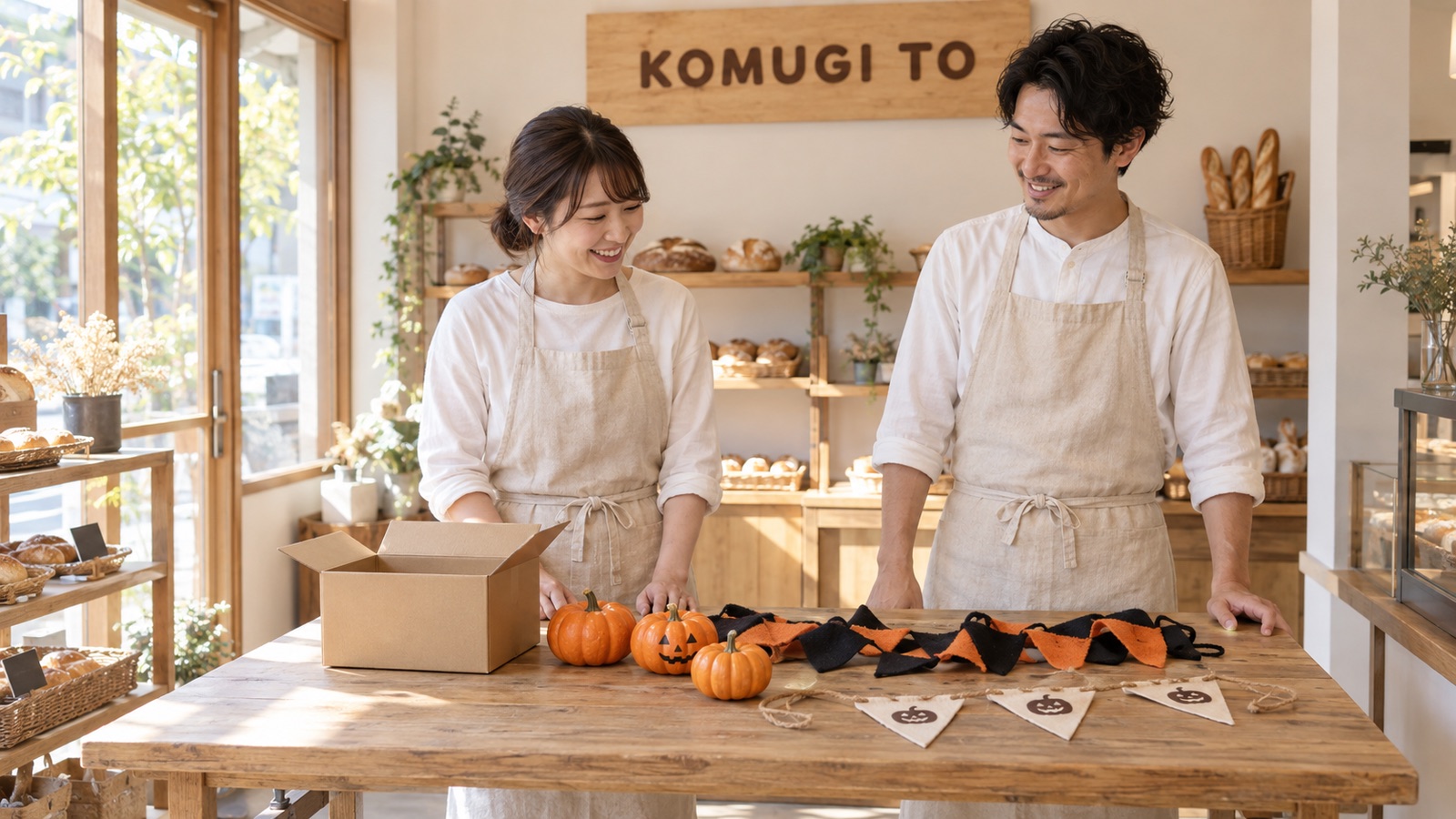 9月下旬の開店前、ベーカリーの作業台で段ボール箱からハロウィンのかぼちゃやガーランドを出して並べるスタッフ2人