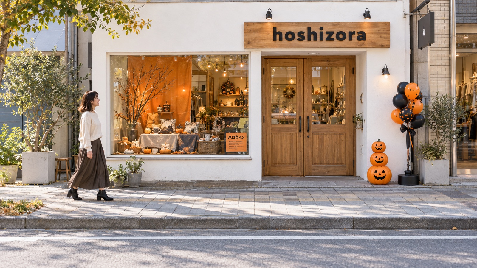 通りの向かいから見た雑貨店。入口脇にかぼちゃとバルーンスタンド、ショーウインドウにオレンジの背景布と枯れ枝の飾り、ガラス越しに店内の飾り棚が見える