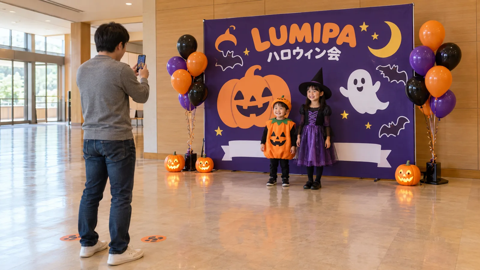公民館の入口に、かぼちゃやおばけの飾りとハロウィンの背景パネルを集めたフォトスポットを作り、親子が写真を撮っている様子を広く写したもの