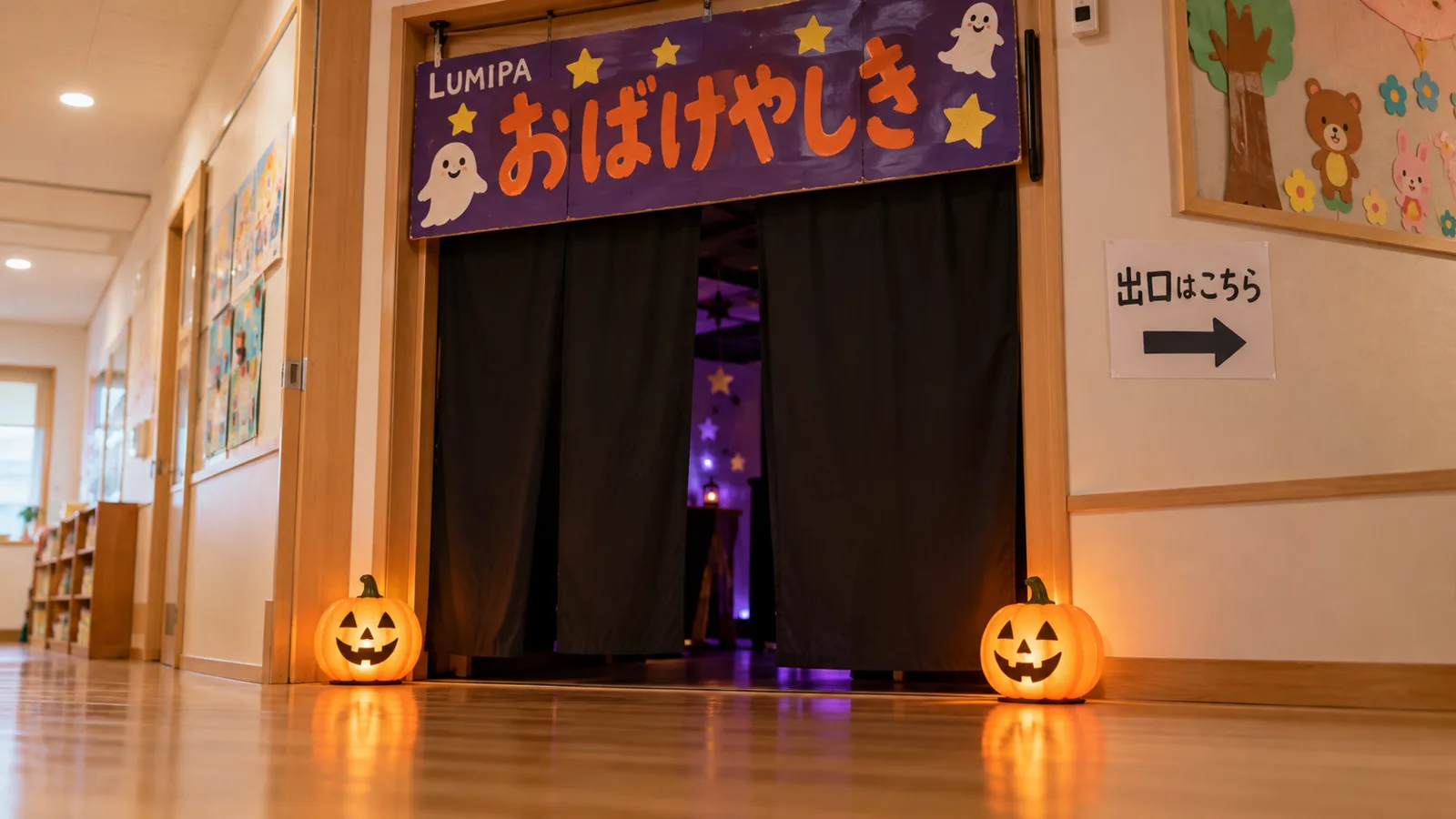 子どもたちが手作りしたおばけやしきの入口を、低い位置から写した様子。黒い布の暖簾と手描きのおばけの看板