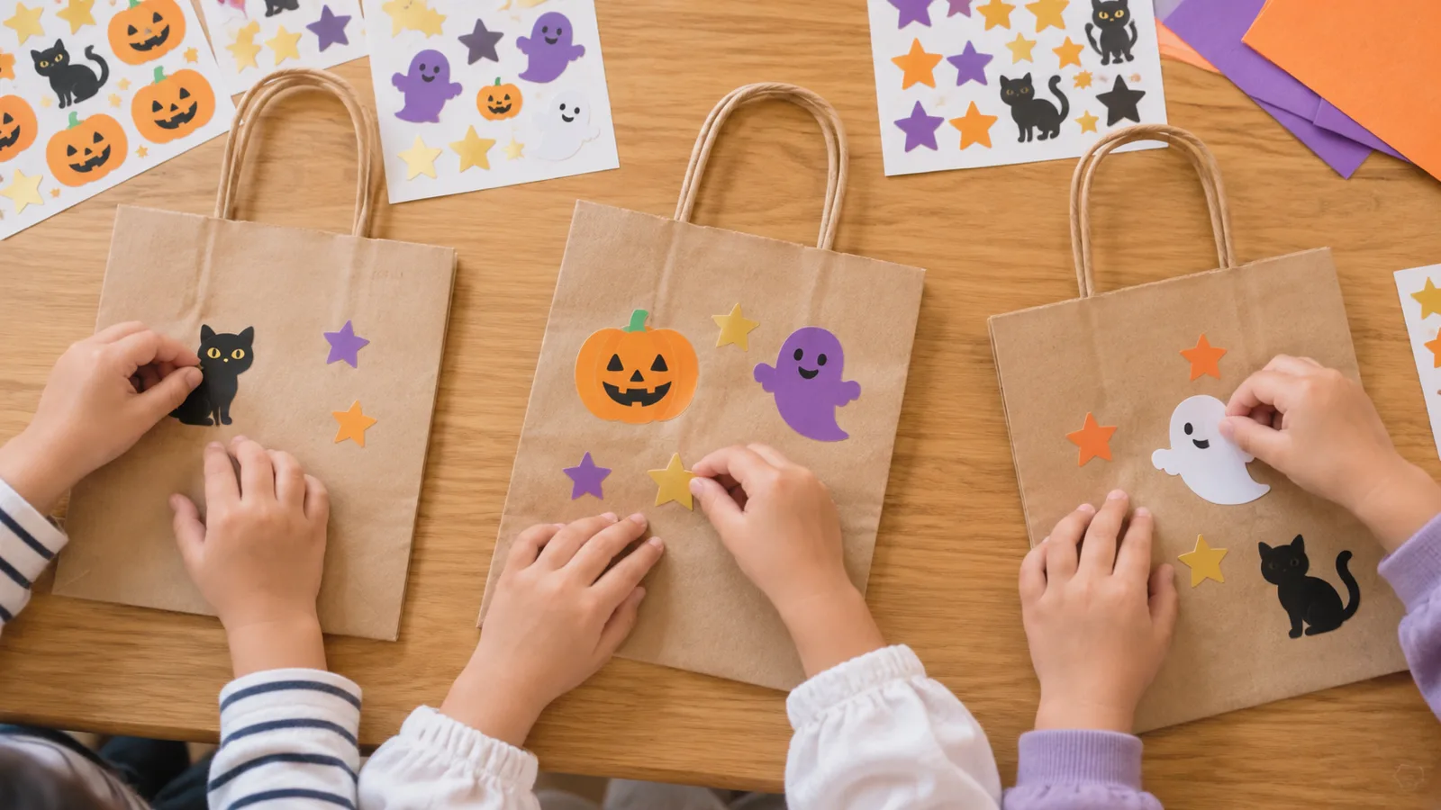 子どもたちがテーブルで紙のハロウィンバッグにシールを貼っている手元を、真上から写した様子