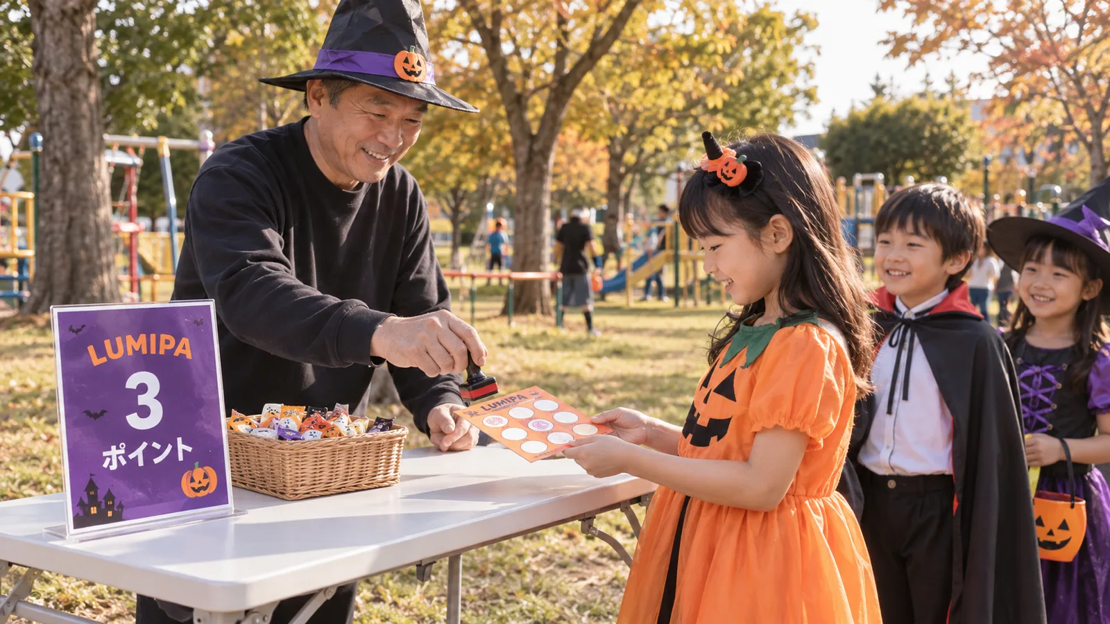 公園の中に置いたお菓子のポイントで、仮装した子どもが台紙にスタンプを押してもらっている様子