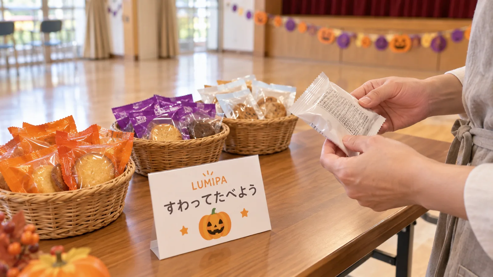 長机の上に、表示の付いた個包装のお菓子を種類ごとにかごへ分けて並べ、大人が包装の裏の表示を確かめている手元