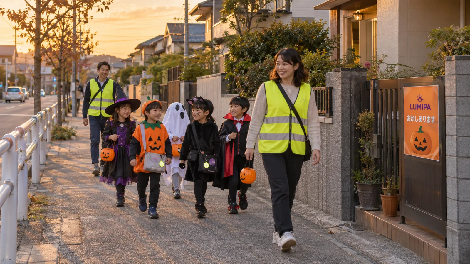 夕方前の住宅街の歩道を、引率の大人と仮装した子どものグループが歩き、玄関先に目印のポスターを貼った家に向かっている様子