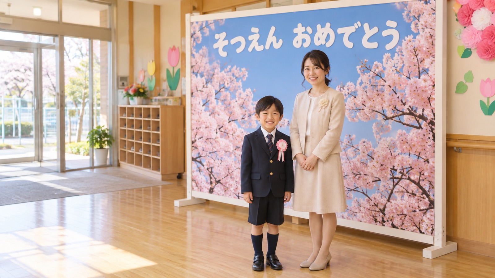 保育園の玄関ホールに立てた、枠と絵の面が分かれた桜の背景パネルの前に、卒園する男の子と母親が並んで立っている様子を、斜め前から写した中景