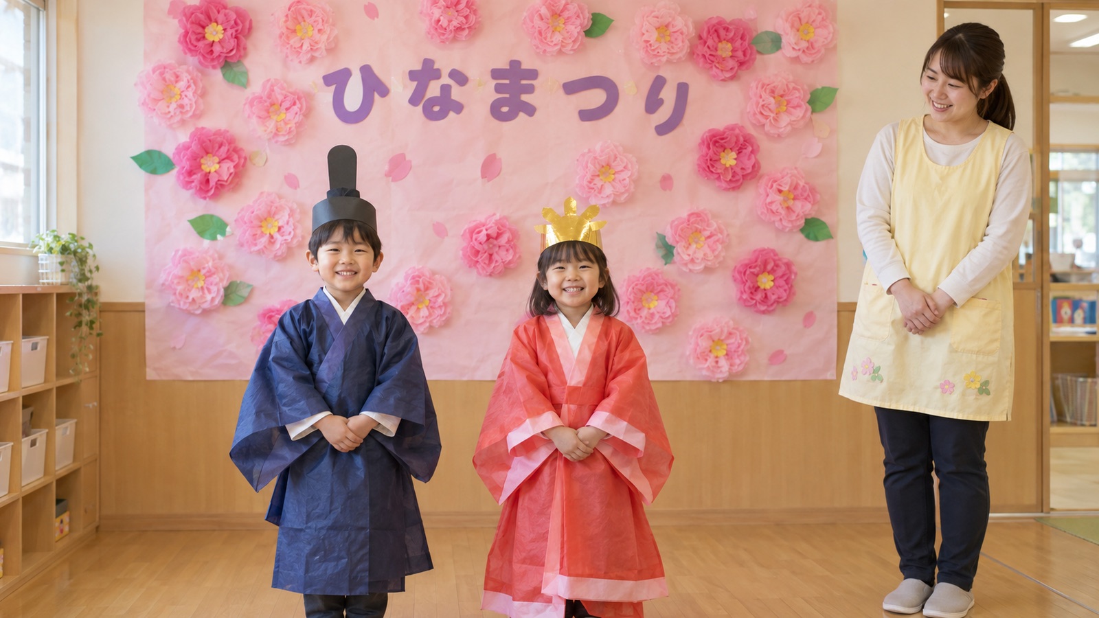 ひなまつりの飾りの前に、紙で作った冠と着物風の衣装を着た子ども2人が並んで立ち、少し離れた横に保育士が立って見守っている様子を、子どもの目の高さから写した中景