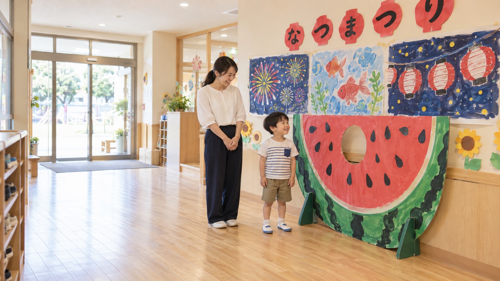 保育園の玄関ホールに貼った、子どもたちが描いた夏祭りの絵と、大きなスイカの顔はめパネルを、母親と男の子が見ている様子を、入口の近くから広く写した写真