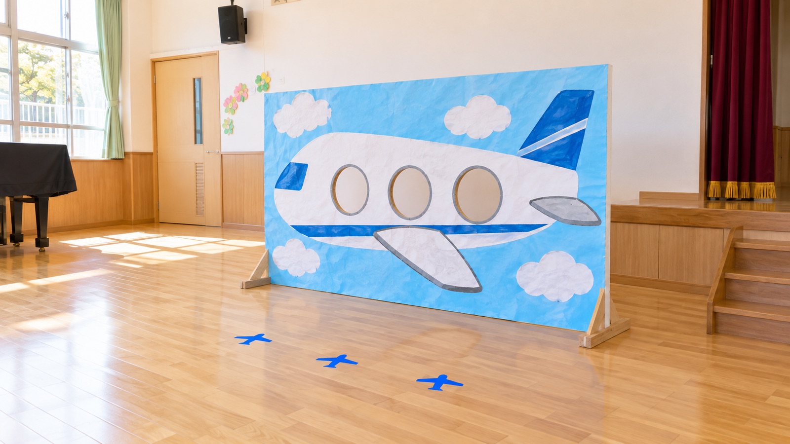 保育園のホールの壁際に立てた、先生が描いた大きな飛行機の絵の背景。丸い窓の部分が顔を出せるようにくり抜かれている様子を、斜め前の少し離れた位置から写した広角