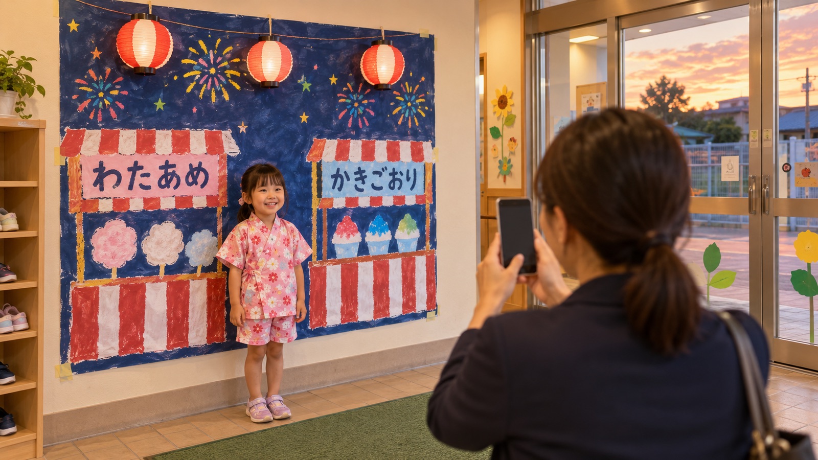 夕方の保育園の玄関で、夜店をイメージした提灯と屋台の絵の背景の前に子どもが立ち、保護者がスマートフォンで撮っている様子を、保護者の肩越しに写した構図