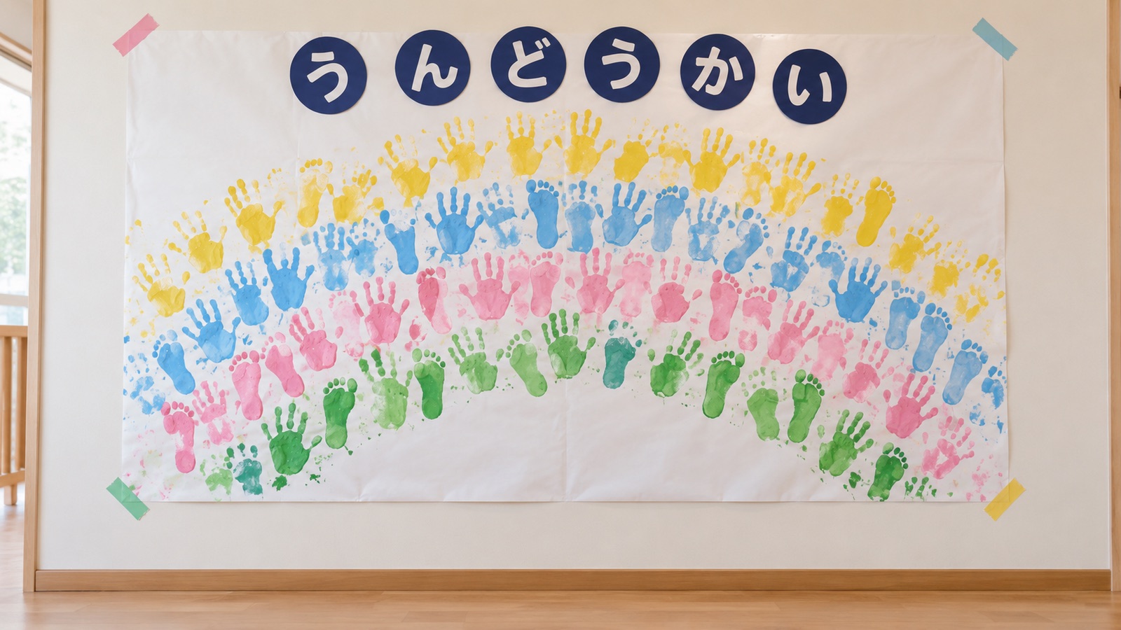 模造紙いっぱいに押された子どもたちのカラフルな手形と足形の作品を、保育園の壁に貼って背景にした様子を正面から写した接写