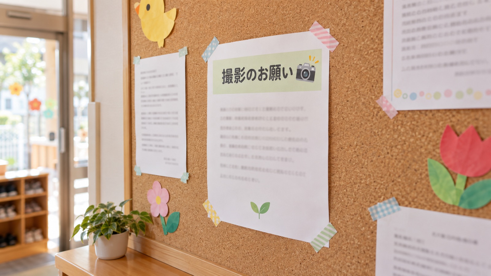 保育園の玄関の掲示板に貼られた、写真撮影とSNS投稿についてのお願いのお知らせを、斜めから写した接写