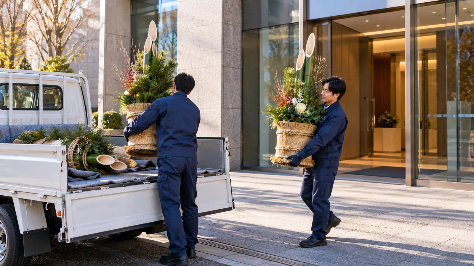 年明けの朝、会社のビルの入口の前で、紺の無地の作業着の作業員2人が、外した門松を1本ずつ抱えて、横付けしたトラックの荷台に積み込んでいる様子を、少し離れた歩道の側から写した写真