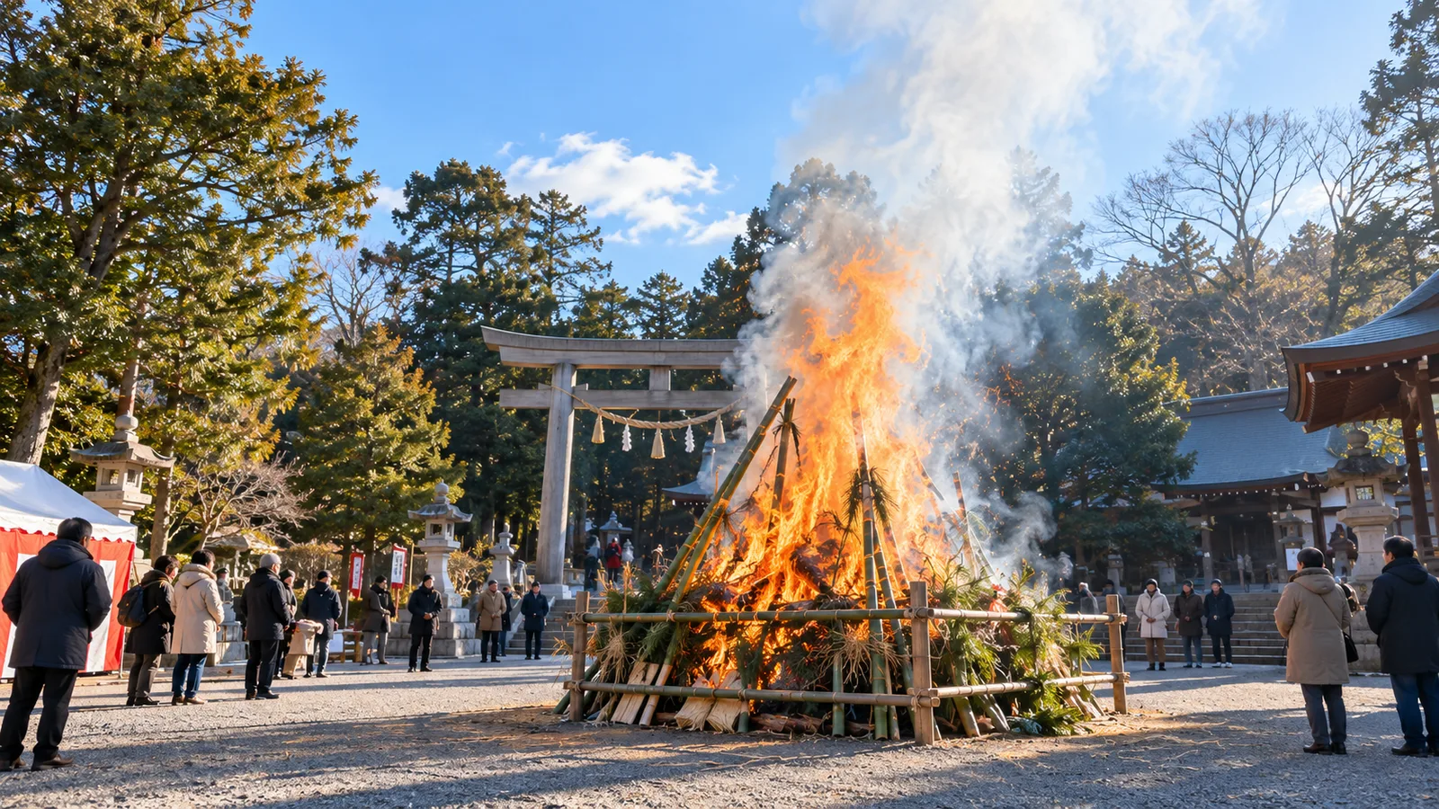 1月の神社の境内で、どんど焼き（左義長）の火が上がり、まわりで地域の人たちが少し離れて見守っている様子を、離れた位置から広く写した写真。人物は小さく写っている