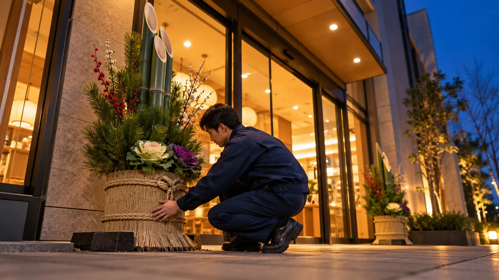 年末の夕方、閉店後の店舗の入口で、紺の無地の作業着の作業員が門松の位置を手で整えている様子を、地面に近い低い位置から見上げるように写した写真。入口の自動ドアの奥に店内の明かりが見える