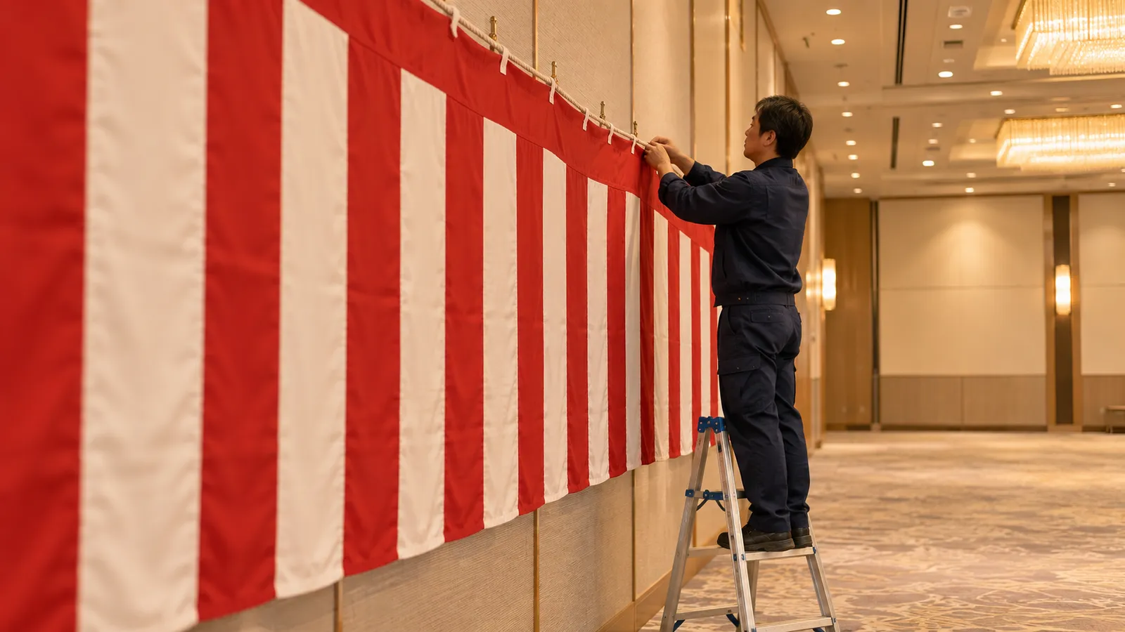 式典の前日、ホテルの宴会場の壁際で、作業着の作業員が低い脚立に乗り、紅白幕の上の端を壁のフックに掛けている手元を、壁に沿った真横から近くで写した写真