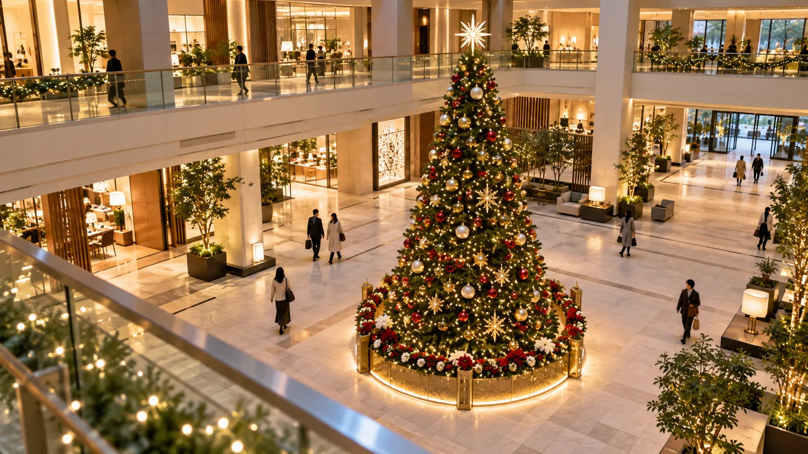 商業施設の吹き抜けの広場に立つ大きなクリスマスツリーを、2階の手すりの高さから見下ろすように写した写真。ツリーのまわりには歩く人が小さく見え、通路が広く空いている